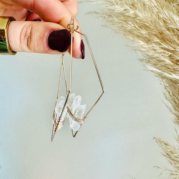 Clear Quartz Gold Handmade Boho Gemstone Crystal Hoop Earrings Hoops Jewelry - Picture 8 of 11